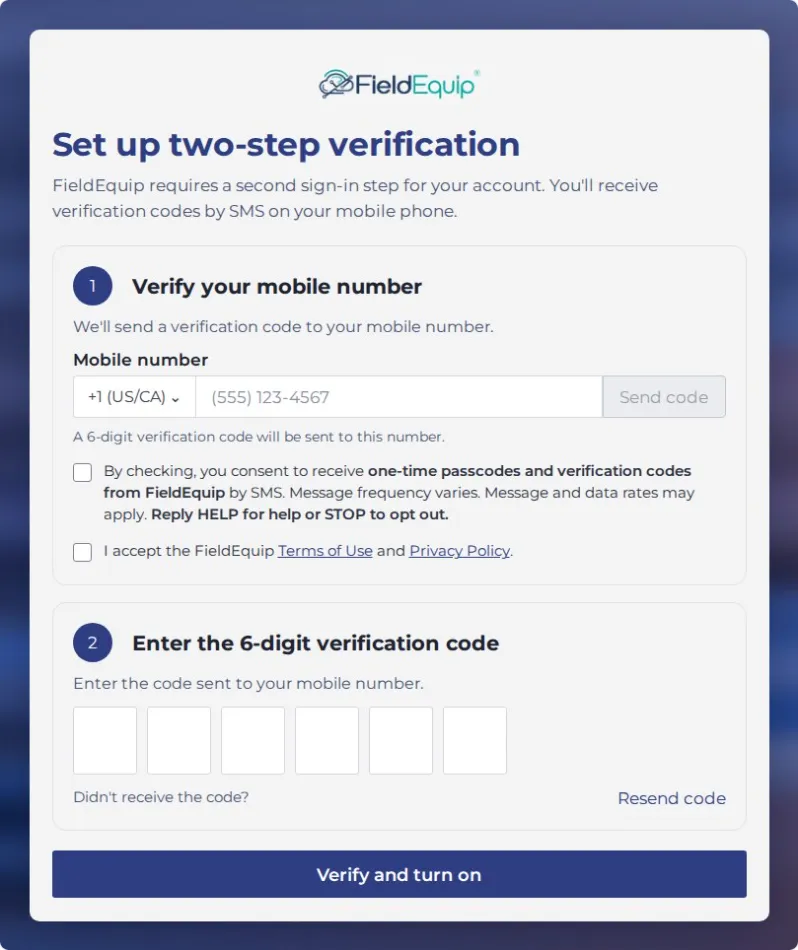 Set up two-step verification screen in FieldEquip showing the mobile number entry and SMS consent checkbox