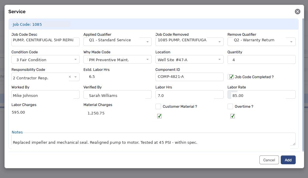 Job Code Screen in RailCar Operations